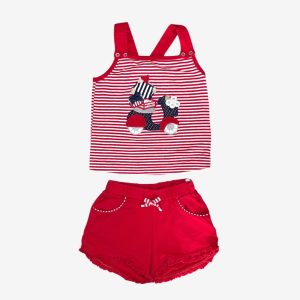 Ensemble bébé rouge et blanc rayé avec débardeur motif scooter et short – Mayoral – 18 mois, d'occasion