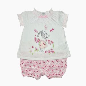 Ensemble bébé composé d’un t-shirt blanc avec dessin fillette et d’un short rose à motifs papillons, 3 mois d'occasion