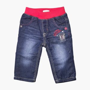 Jean bébé bleu avec bandeau taille rouge et broderie Love London Absorba – 6 mois, d'occasion