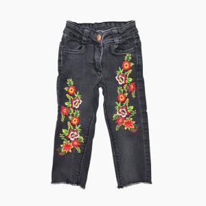 Jean noir enfant avec broderies florales colorées sur les jambes, bas légèrement effiloché, Orchestra, taille 2 ans, d'occasion