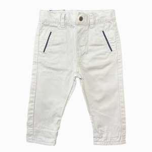 Pantalon bébé gris clair avec poches avant marine, coupe droite, fermeture bouton et passants de ceinture – Obaïbi 6 mois, d'occasion