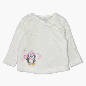 Pull bébé blanc en polaire avec pingouin brodé et col volanté Farfelune – 9 mois, d'occasion