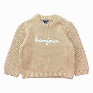 Pull bébé en maille marron clair avec manches texturées, boutons à l’épaule et inscription “bonjour” brodée sur le devant – Kiabi 6 mois, d'occasion