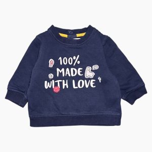 Pull bébé bleu marine avec inscription “100% Made with love” et petits motifs, Gemo, 6 mois d'occasion