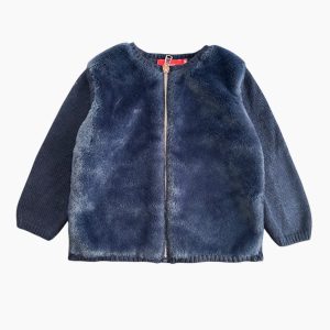 Pull bébé 18 mois Tissaia bleu marine, manches en maille et devant en matière polaire, avec fermeture éclair rose doré, d'occasion