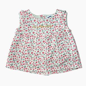 Robe bébé blanche sans manches avec imprimé cerises roses et petits volants aux épaules, Mots D'enfants, 1 mois d'occasion