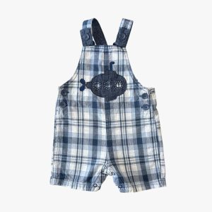 Salopette bébé courte à carreaux bleu et blanc avec motif sous-marin sur la poitrine, 12 mois, d'occasion