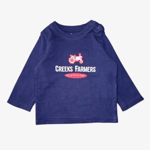 T-shirt manches longues bleu marine avec motif tracteur et inscription “Creeks Farmers” – 6 mois, d'occasion
