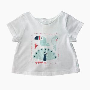 T-shirt bébé Obaïbi blanc manches courtes avec imprimé oiseaux, 1 mois d'occasion