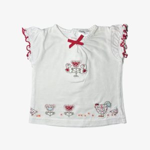 T-shirt bébé blanc avec manches à volants rouges, petit nœud et broderies fleurs, 3 mois d'occasion