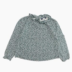 Blouse bébé verte à petites fleurs blanches col volanté. Okaid, 3 ans d'occasion