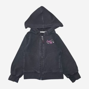 Veste noire à capuche zippée avec poches et petit motif “Sport Way” rose, taille 6 ans.