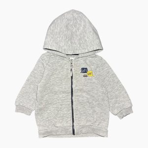 Veste bébé grise chinée à capuche avec fermeture zippée et petit motif “Let’s go!”, Gemo, 6 mois d'occasion