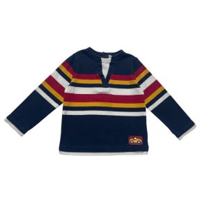 T-shirt bébé manches longues rayé, patte de boutonnage décorative avec effet double devant. Seconde main.
