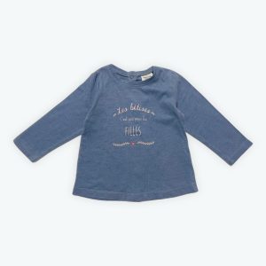 T-shirt bébé manches longues bleu imprimé message devant. Seconde main.