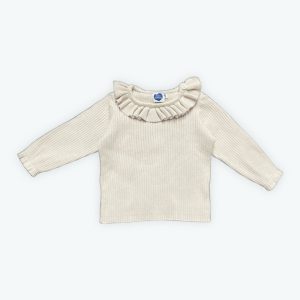 Pull bébé manches longues crème, col volanté. Seconde main.