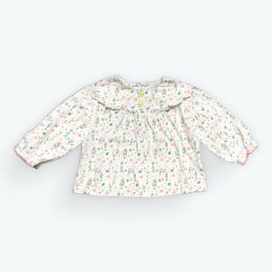 Blouse bébé manches longues blanche motifs répétés fleurs multicolore pastel patte de boutonnage décoratif devant. Seconde main.