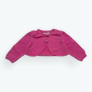 Gilet boléro manches longues rose, fronces aux épaules. Seconde main.