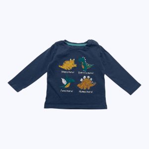 T-shirt bébé manches longues bleu marine dessins dinosaures devant. Seconde main.