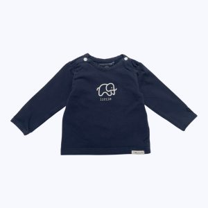 T-shirt bébé bleu marine manches longues, dessin petit éléphant blanc. Seconde main.
