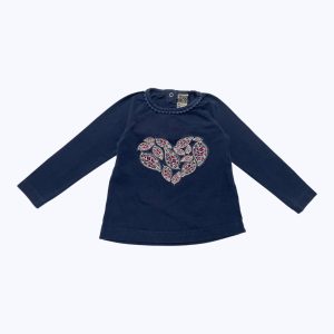 T-shirt bébé manches longues bleu marine broderie cœur crème fuchsia turquoise. Seconde main.