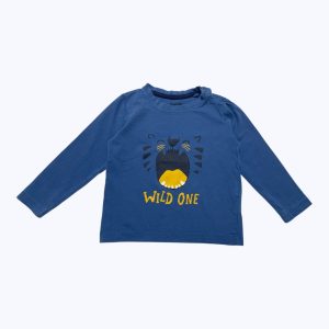 T-shirt bébé manches longues bleu avec une sérigraphie tigre devant. Seconde main.