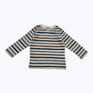 T-shirt bébé manches longues rayé crème ciel marine. Seconde main.