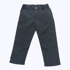 Pantalon bébé noir fines rayures gris clair poches côté et poches passepoils au dos. Seconde main.
