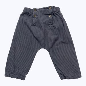 Pantalon bébé fines rayures bleu charrette et gris, entièrement doublé. Seconde main.