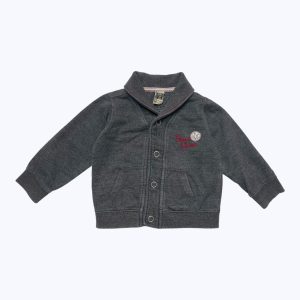Gilet bébé manches longues gris chiné, col châle poches plaquées. Seconde main.