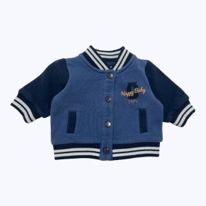 Gilet bébé manches longues divers bleu, poches côté et un petit dessin devant. Seconde main.