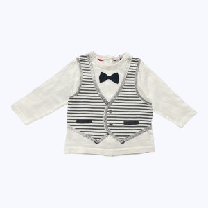 T-shirt bébé manches longues imprimé gilet et nœud devant. Seconde main.