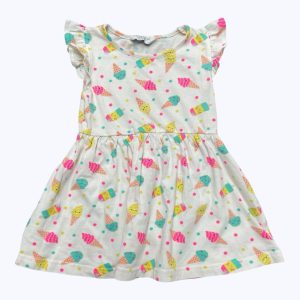 Robe enfant maille manches courtes volantées blanche motifs multicolores. Seconde main.