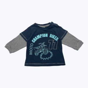 T-shirt bébé manches longues effet double gris et bleu, dessin de moto devant. Seconde main.