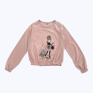 T-shirt enfant manches longues rose pâle, élastiqué aux poignets et à la taille. Seconde main.