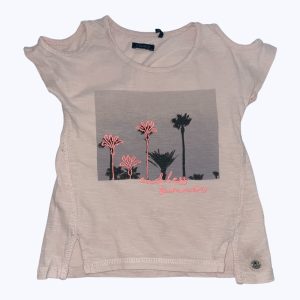 T-shirt enfant manches courtes rose poudré dessin central palmiers. Seconde main.
