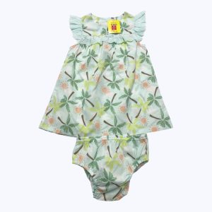 Ensembles robe bloomer bébé vert d'eau manches courtes volantées en broderie anglaise. Seconde main.