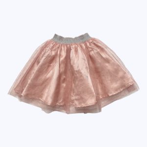 Jupe enfant saumon tulle et satin ceinture élastique argentée à la taille. Seconde main.
