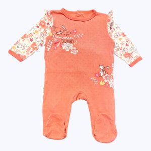 Dors bien bébé manches longues volantées corps corail ajouré broderies et manches blanches imprimé floral. Seconde main.