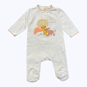 Dors bien bébé manches longues maille blanc avec des motifs abricots et sérigraphie Simba et Nala. Seconde main.