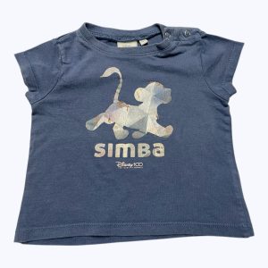 T-shirt bébé manches courtes bleu sérigraphie Simba devant. Seconde main.