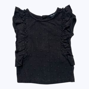 T-shirt bébé noir manches courtes volanté, brodé ton sur ton. Seconde main.