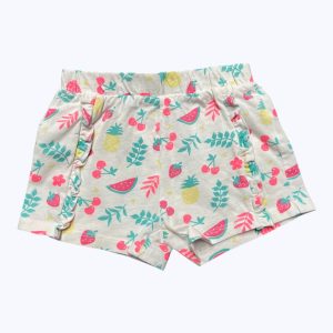 Short bébé maille blanc et fruits multicolores élastiqué à la taille. Seconde main.