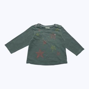 T-shirt bébé manches longues vert sauge dessins étoiles patte de boutonnage aux épaules. Seconde main.