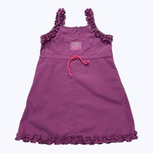 Robe enfant débardeur lilas volantée aux manches et au fond, poche plaquée devant. Seconde main.