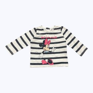 Robe bébé manches longues rayé bleu marine et blanc sérigraphie Minnie devant. Seconde main.