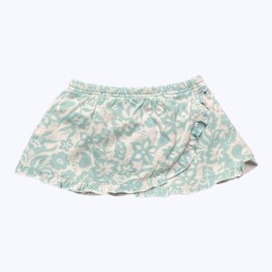 Jupe bloomer bébé maille, blanc motifs floral turquoise croisé devant. Seconde main.
