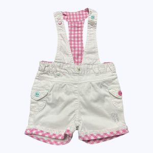 Salopette short bébé blanche revers et doublure bretelles vichy rose et blanc. Seconde main.