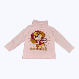 T-shirt enfant manches longues rose pâle col roulé. Dessin chien. Seconde main.