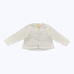 Gilet bébé crème pailleté manches longues tricot ajouré. Seconde main.